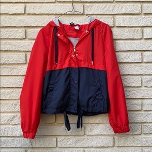 Red and blue zip up jacket